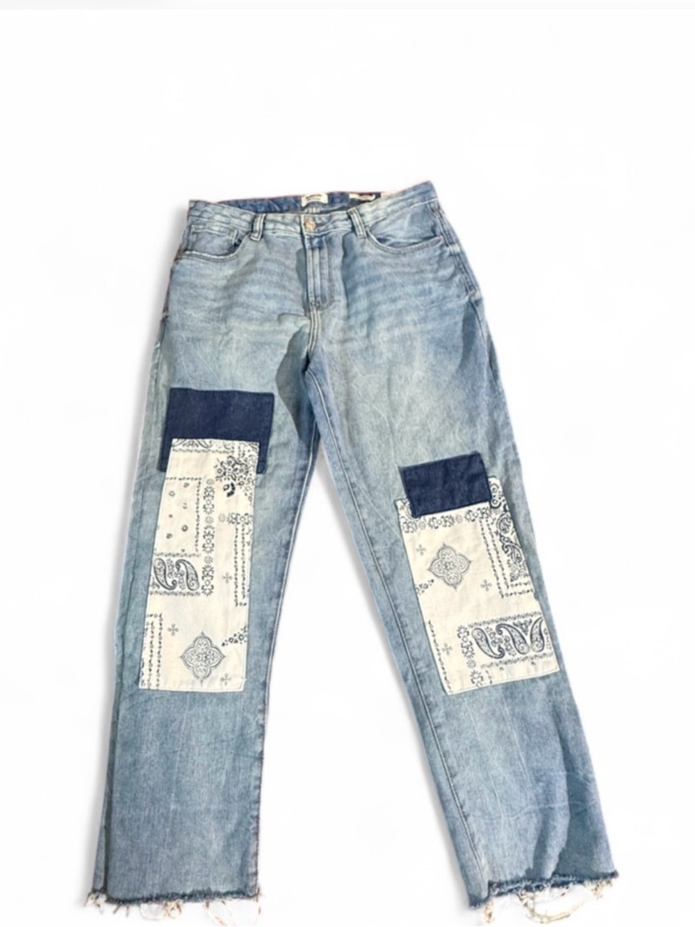 Kensie True Vintage Patchwork Jeans Bandana Raw Hem Straight Leg Women’s Size 10